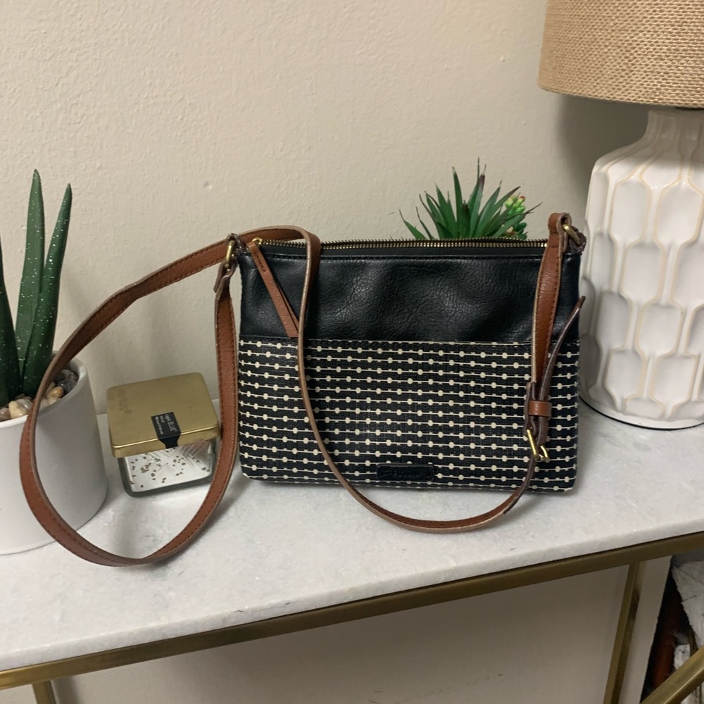 Fossil Felicity Crossbody Handbag Faux Vegan Leather Casual Bag in Black White